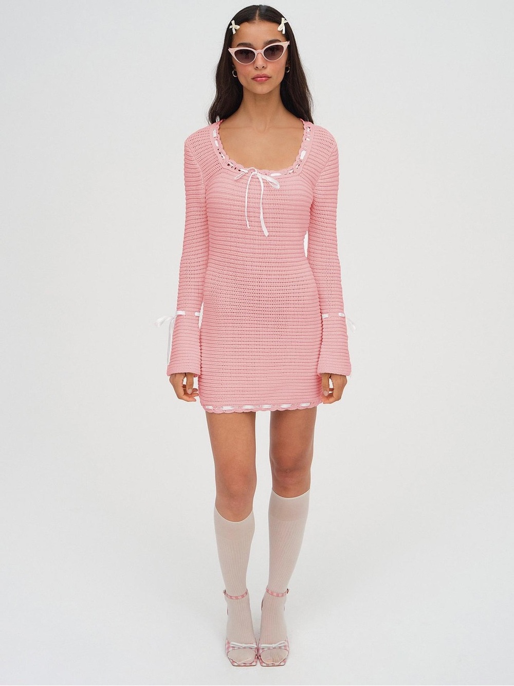 New! For Love & Lemons Olina Crochet Mini Dress Pink Size Large 57335